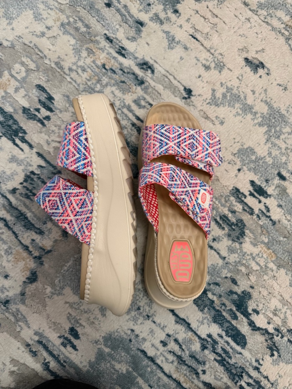 Hey Dude Women's Beige Platform Slide Sandals with Pink & Blue Pattern